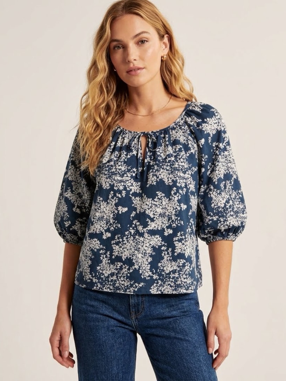 Abercrombie & Fitch Teal Floral Balloon Sleeve Blouse S Puff Sleeve